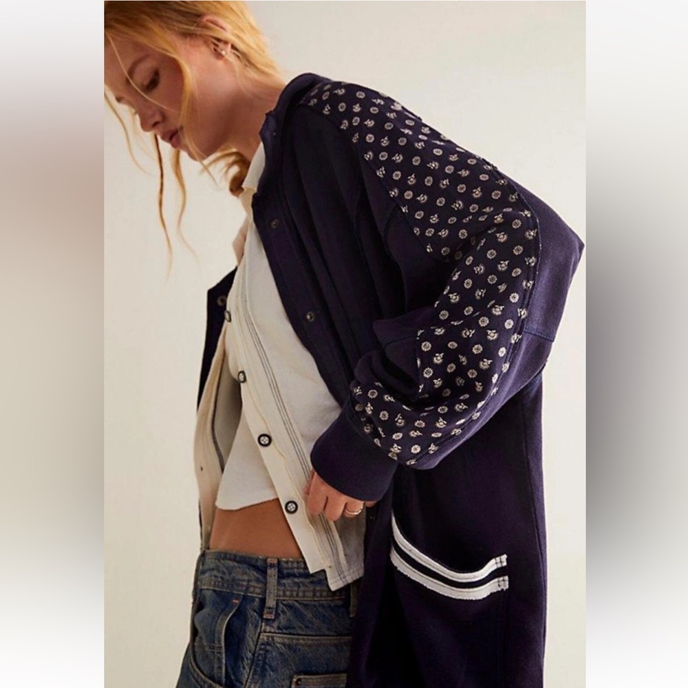 Free People We The Free Heritage Track Jacket Blue White Bomber Snap Close